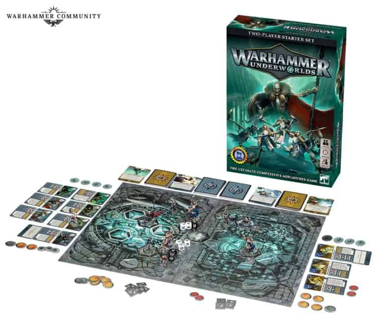 A top view of the Warhammer Underworlds two-player starter set shows off its essential components for epic battles: a board, cards, dice, miniatures, and tokens. The game box stands upright, proudly displaying artwork of warriors—a must-have for any board games enthusiast.