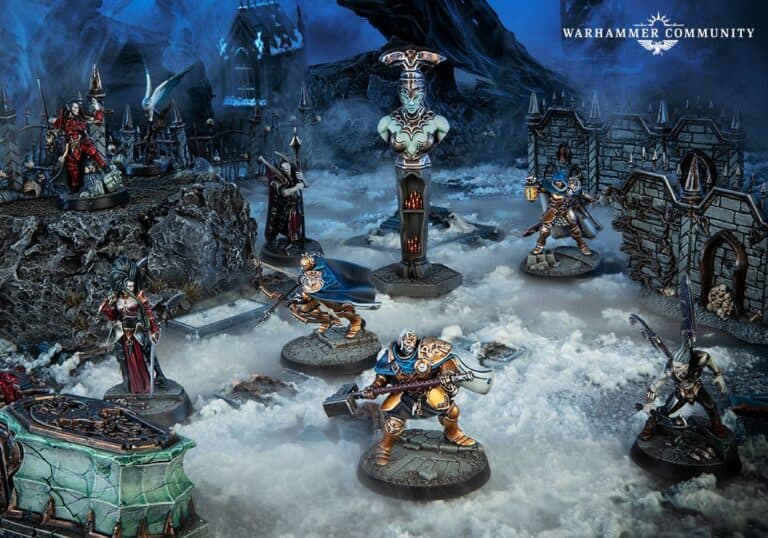 Miniature fantasy battle scene featuring armored warriors and mystical structures from the Warcry Starter Set. Figures in dynamic poses with detailed costumes fight amid eerie landscapes, set against a backdrop of ruins under a stormy sky, evoking the Crypt of Blood's atmosphere.