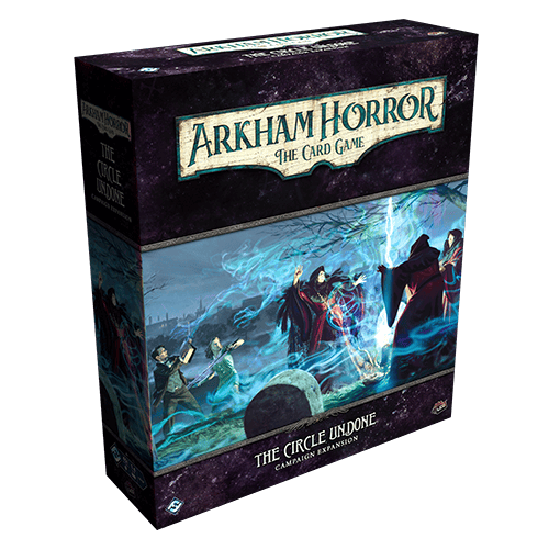 The box cover of "Arkham Horror: The Card Game - The Circle Undone" expansion by Fantasy Flight Games depicts investigators in a forest confronting a mysterious figure surrounded by swirling mystical energy.