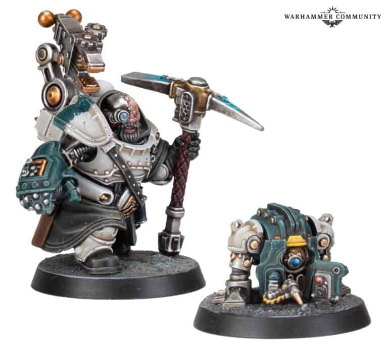 Two painted Warhammer miniatures: a large figure in armor holding a hammer-like weapon, and a smaller Techmite Autoveyor. Both boast intricate detailing with mechanical and sci-fi elements, crafted by Games Workshop, set on individual bases.