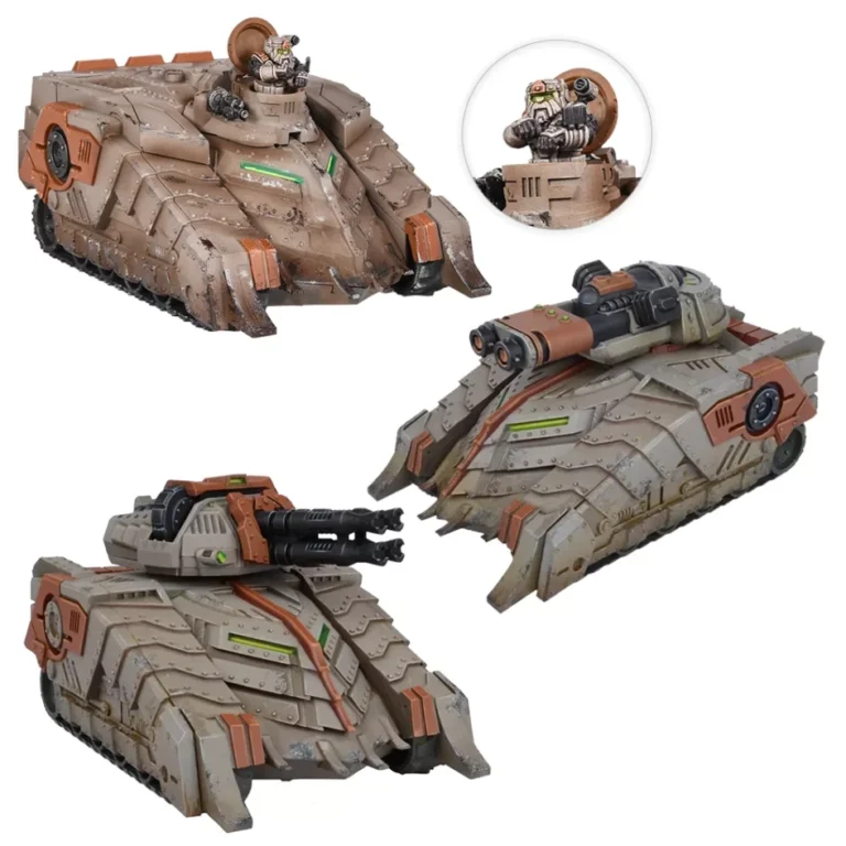 Three futuristic, armored tanks with rugged, angular designs and treads dominate the scene. These limited edition games from Mantic Games feature various turrets and weaponry. A close-up inset reveals a figure operating a turret. The colors blend tan and gray with metallic accents.
