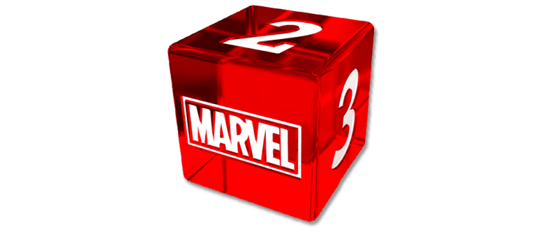 A transparent red cube featuring the Marvel logo on one side and the numbers 2 and 3 on adjacent sides, crafted by the official accessory maker, adds a unique touch to any Marvel Multiverse Role-Playing Game session.