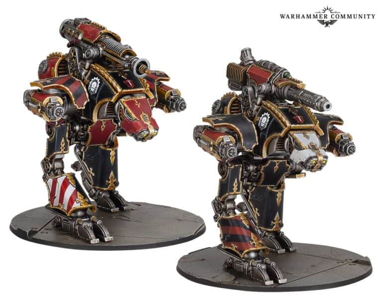 Two intricately detailed Warhammer mechs, crafted from a plastic kit by Games Workshop, shine in black, red, and gold. Each features armor plating, mechanical joints, and weaponry. Standing on circular bases, these Dire Wolf Heavy Scout Titans showcase detailed designs in a miniature format.