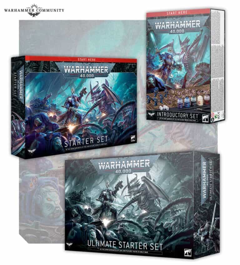 Image of Warhammer 40,000 starter sets by Games Workshop. Three boxes are showcased with dynamic artwork featuring futuristic soldiers and alien creatures. The text "Starter Set," "Introductory Set," and "Ultimate Starter Set" is prominently displayed on the packaging.