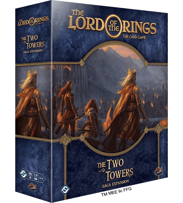 A box for "The Lord of the Rings: The Card Game - The Two Towers Saga Expansion" showcases stunning artwork of three figures gazing at towering, fiery structures in the distance, set against a rich fantasy landscape from *The Two Towers* epic.