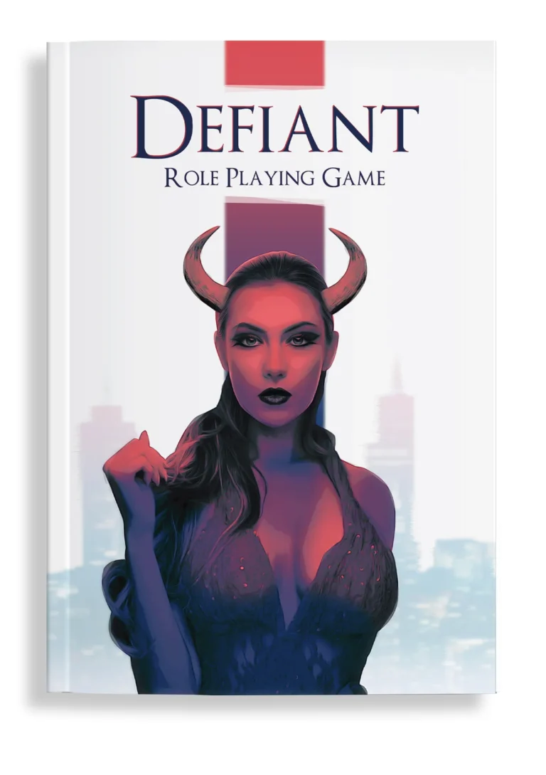 The cover of "Defiant Role Playing Game," an Urban Fantasy RPG by Magpie Games, showcases a horned woman in a dark dress against a blurred cityscape, exuding a modern fantasy aesthetic.
