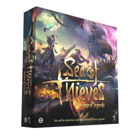 Cover image of Steamforged Games' "Sea of Thieves: Voyage of Legends" board game. It features a pirate ship with sails against a vibrant sunset sky. Treasure and a pirate figure with a hat are prominently displayed. Text reads: "Set sail for adventure and race to become Pirate Legends!