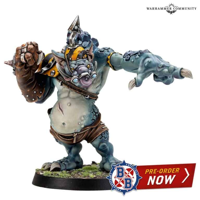 A detailed figure of a fantastical creature with a large arm, armor, and accessories, posed on a grassy base. Perfect for Forge World pre-orders, the image includes "Pre-order Now" text and a logo with a star and letters "BB.