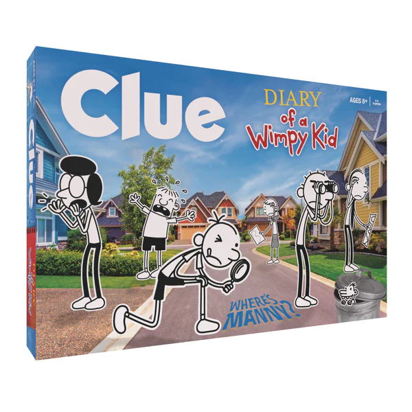 Board game cover featuring cartoon characters from "Diary of a Wimpy Kid" acting like detectives with magnifying glasses outside colorful houses. Titled "CLUE®: Diary of a Wimpy Kid: Where's Manny?" by The Op Games. Available Now and perfect for ages 8+.