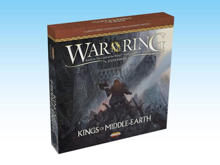 The box of "War of the Ring: Kings of Middle-earth" by Ares Games showcases stunning artwork of a battle scene with soldiers and a castle, set against a gradient background transitioning from blue to white, perfectly complementing the epic adventure of the War of the Ring Second Edition.