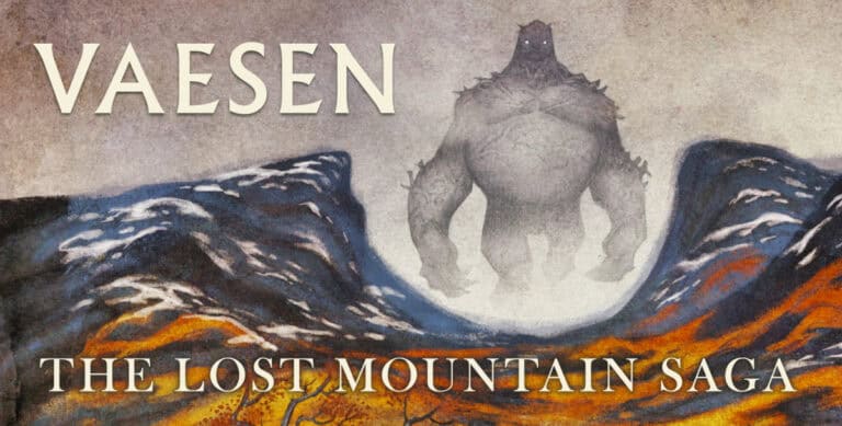 Cover art for "Vaesen: The Lost Mountain Saga" by Free League Publishing features a mist-shrouded giant figure between two rocky mountains with glowing eyes. Set in 2023, the landscape is colored in blue and orange hues, creating a mysterious atmosphere that complements their exciting lineup.