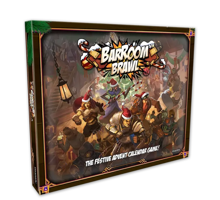 The box cover of "BarRoom Brawl" features cartoon-style characters in a chaotic tavern, some donning Santa hats. Touted as "The Festive Advent Calendar Game!" it promises a miniature world of fun and surprises for every day leading up to the holiday season.