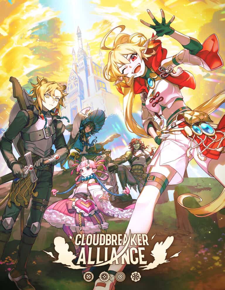 An animated scene features five adventurers from the Cloudbreaker Alliance in dynamic poses. They stand before a majestic castle, with a bright, swirling sky above. The characters are dressed in fantasy attire, evoking elements of magic and combat often found in popular tabletop RPGs.