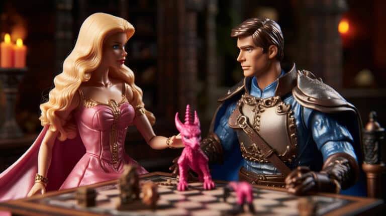 A blonde Barbie in a pink gown and a brown-haired doll in medieval armor sit at a chessboard, as if immersed in a role-playing game. A small pink dragon figurine guards the board, evoking Dungeons & Dragons vibes, while candles cast flickering shadows across their strategic battle.