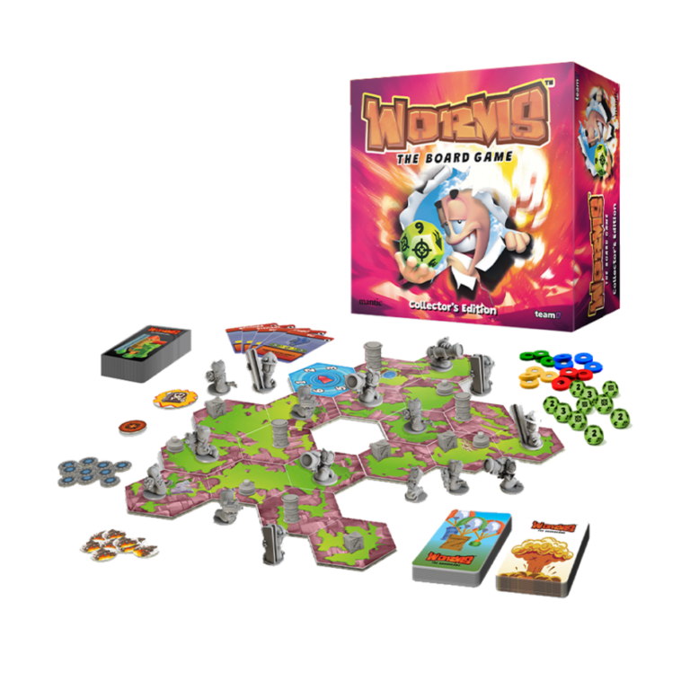 Worms: The Board Game Collectors Edition," by Mantic Games, features a colorful box with hexagonal tiles, figurines, cards, and tokens. Launched on Kickstarter, it's a vibrant display of tokens and dice that's sure to captivate any gaming enthusiast.
