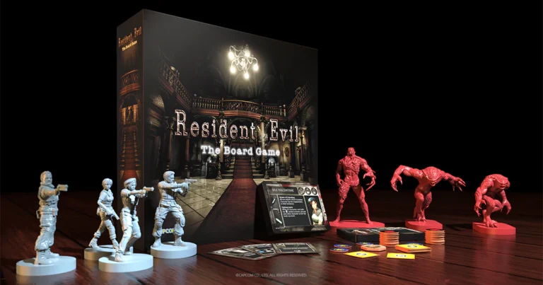 Resident Evil: The Board Game by Steamforged Games features detailed miniature figures of characters and monsters, along with game cards and tokens laid out on a wooden surface. The box art reveals an eerie mansion interior, perfectly capturing the chilling essence of the classic board game experience.