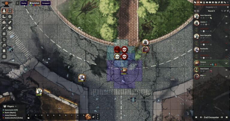 A strategic map, perfect for playtests, features character tokens on a cracked street intersection. Trees and pavement frame the top, accompanied by grids and a side interface presenting character information and encounter details—a clear nod to Paizo's Starfinder Second Edition style.