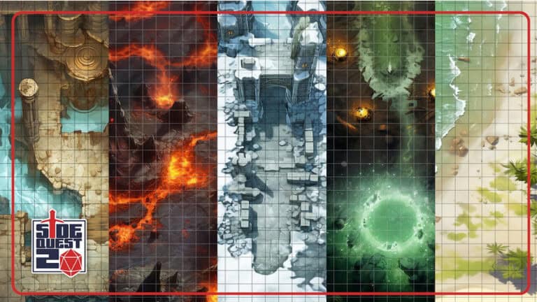 A grid map featuring five fantasy-themed terrains: ancient ruins, fiery volcanic, snowy fortress, glowing green portal, and tropical beach. The "SideQuest20" logo with a dice anchors the bottom left corner. Ideal for TTRPG enthusiasts exploring diverse battle maps.