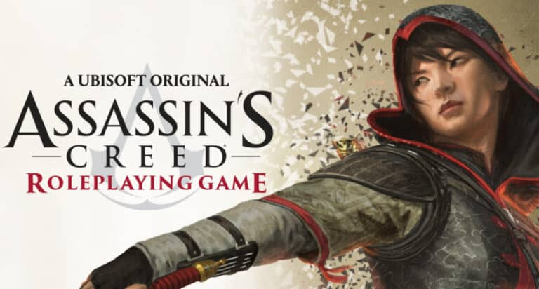 Cover image for "Assassin's Creed Roleplaying Game" by Ubisoft and CMON. It features a character in a dark hooded outfit with a determined expression, holding a sword. Fragments surround the character, enhancing the dynamic feel of this exhilarating graphic.