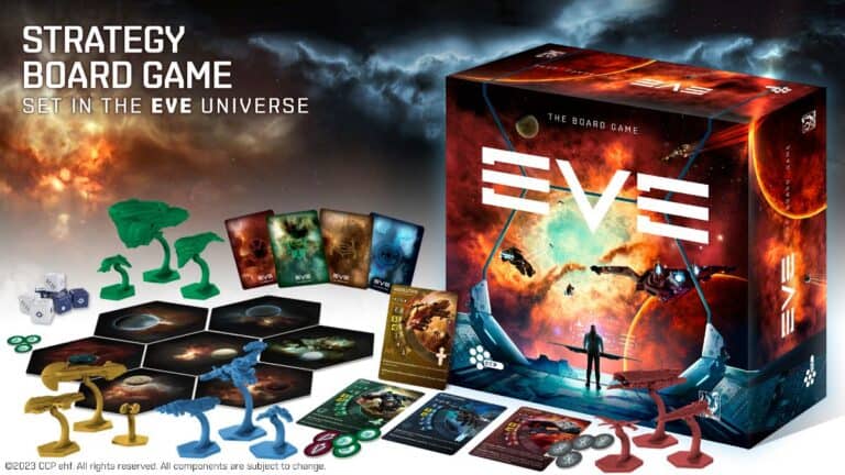 Box art and components of "EVE: The Board Game," a strategy game set in space by CCP Games. Features game pieces, cards, and hexagonal tiles, with ships and planets depicted. Text reads: "Strategy Board Game Set in the EVE Universe. Perfect for fans of EVE Online.