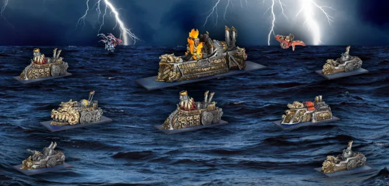 A fleet of mechanical warships, part of the Abyssal Dwarf Fleet from Mantic's Pannithor realm, navigates stormy seas under a dark sky lit by lightning. These steampunk vessels showcase detailed metalwork and are arranged in a visually striking formation.