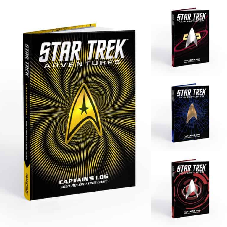The cover of Modiphius Entertainment's "Star Trek Adventures: Captain's Log Solo Roleplaying Game" boasts a gold Starfleet emblem set against a vibrant, swirling backdrop. Stellar releases include three alternate versions in striking red, blue, and black color themes.
