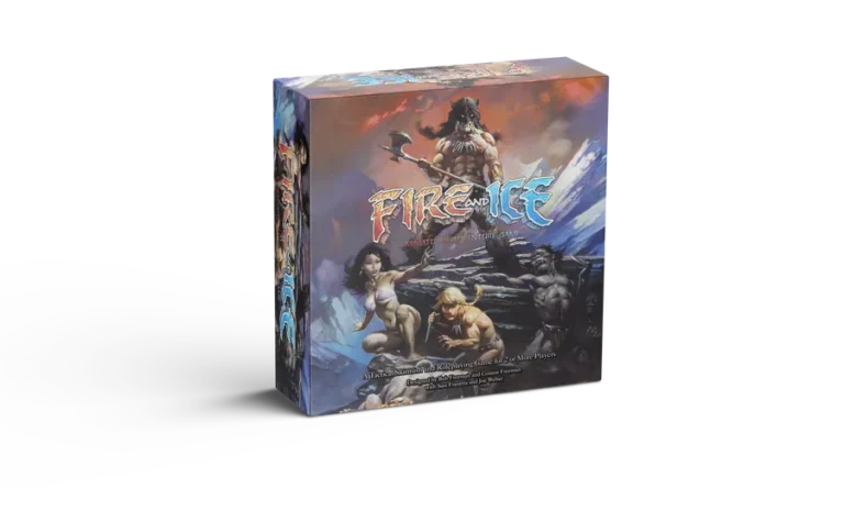 The box cover of "Fire and Ice," a dynamic Kickstarter project by Dynamite Entertainment, showcases fantasy artwork featuring a muscular warrior with an axe, a woman, and other characters. In the background, dramatic elements of fire and ice create a vividly colorful scene.
