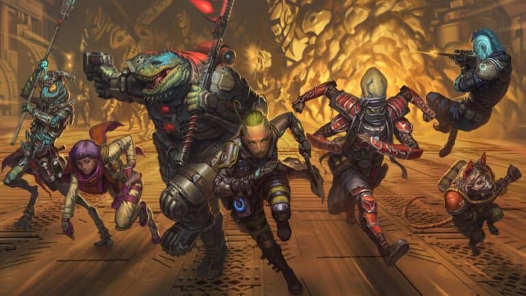 A group of six diverse, futuristic characters in combat gear dash across a metallic surface, surrounded by flames and industrial elements. Their varied humanoid and alien forms evoke the thrilling universe of Starfinder Second Edition, with Paizo delivering exciting details in every scene.