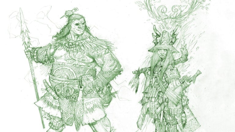A detailed pencil sketch features two fantasy characters from the War of Immortals. On the left, a muscular figure holds a spear, wearing tribal armor. On the right, a robed character with a staff and antler headpiece stands, embellished with intricate patterns, representing Divine Classes.
