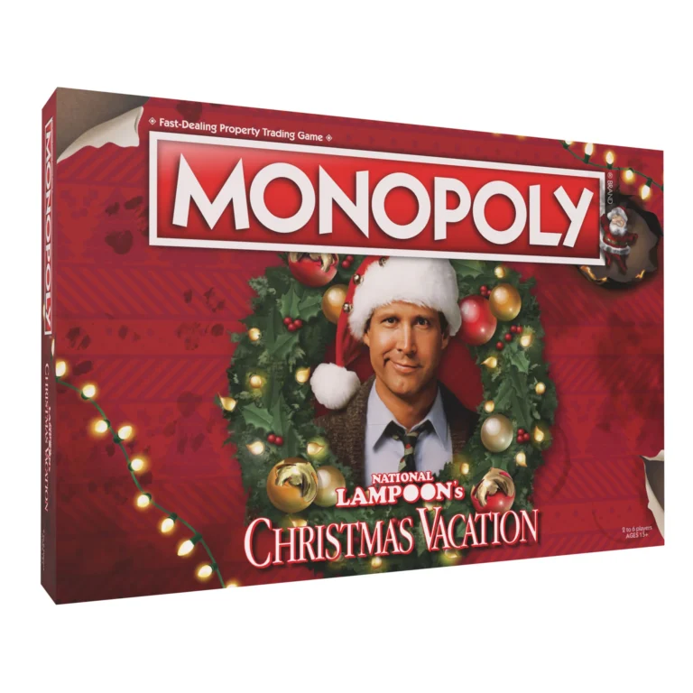 The MONOPOLY board game box, inspired by "National Lampoon's Christmas Vacation," features a festive red design with charming decorations and a character in a Santa hat nestled within a holiday wreath on the cover.