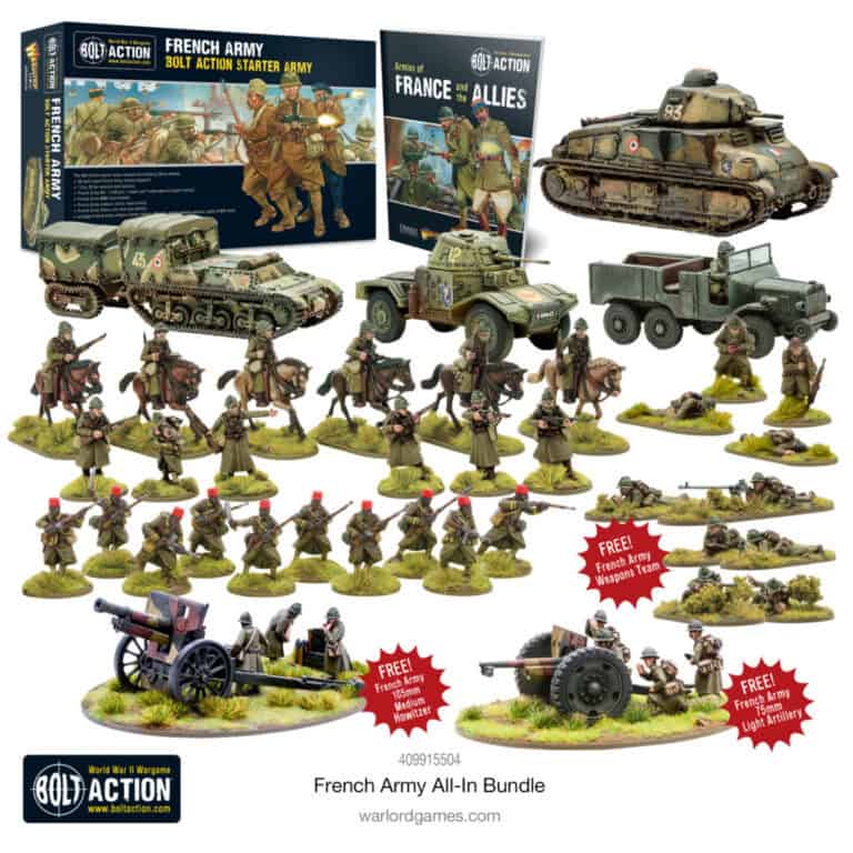 Box set of French Infantry miniatures for tabletop gaming. This Bolt Action plastic set includes soldiers, artillery, tanks, and trucks displayed on model terrain, with packaging shown in the background. A must-have for enthusiasts of historical military strategy games.