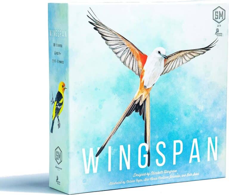 The box cover of the Wingspan board game showcases a vibrant illustration of a bird with outstretched wings against a light blue background, highlighting its strategic elements. A smaller bird perches in the bottom-left corner. Text displays game details and the designer's name.