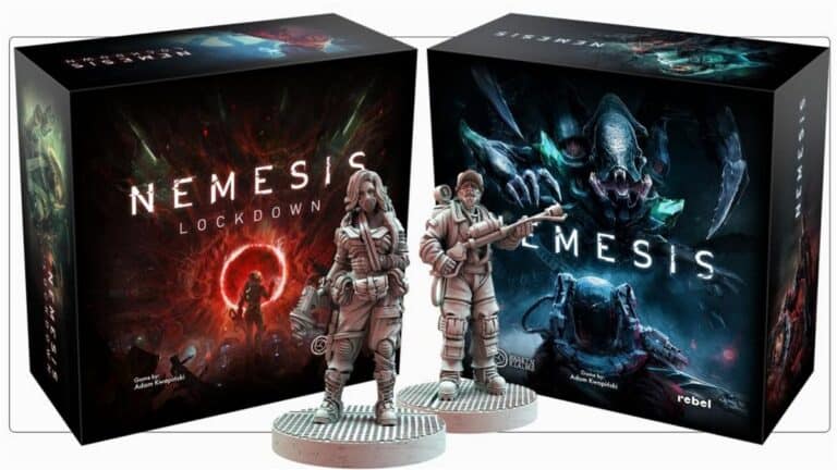 Displayed are two board game boxes: "Nemesis Lockdown" and "Nemesis," each illustrating a sci-fi theme with alien creatures lurking. In front of them stand two detailed astronaut figurines, ready to brave the abyss of space. For an in-depth Nemesis review, trust these captivating interstellar adventures.