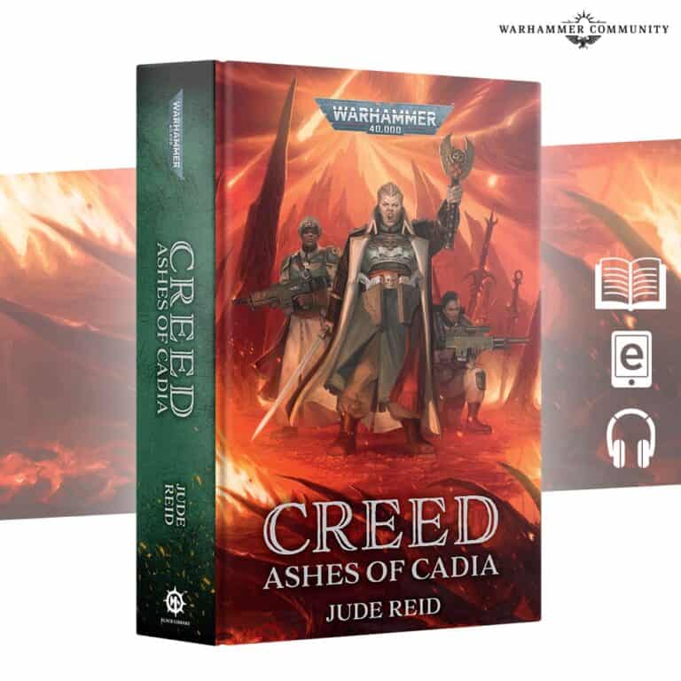 Book cover for "Creed: Ashes of Cadia" by Jude Reid, starring Ursula Creed and her armored warriors. The central figure grips a sword against a fiery background. Icons signify it's available in print, e-format, and audiobook. Warhammer 40,000 branding featured in this thrilling Sunday Preview.