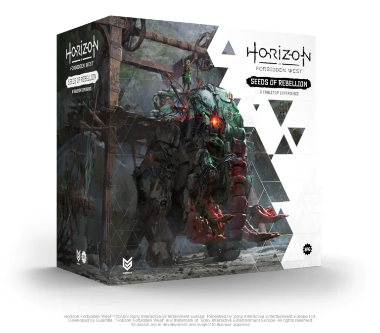 Box art for "Horizon Forbidden West: Seeds of Rebellion - Tabletop Experience" on Kickstarter features a mechanical creature amidst geometric patterns and rugged landscapes, delivering a futuristic, action-packed vibe.
