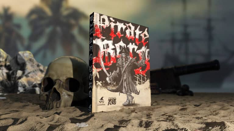 A board game titled "Pirate Borg RPG" is displayed on a sandy beach, with a skull and an old cannon in the background. The Free League Publishing cover features a pirate figure wielding a sword, with bold red lettering above. Palm trees and a ship hint at high-seas adventure beyond.
