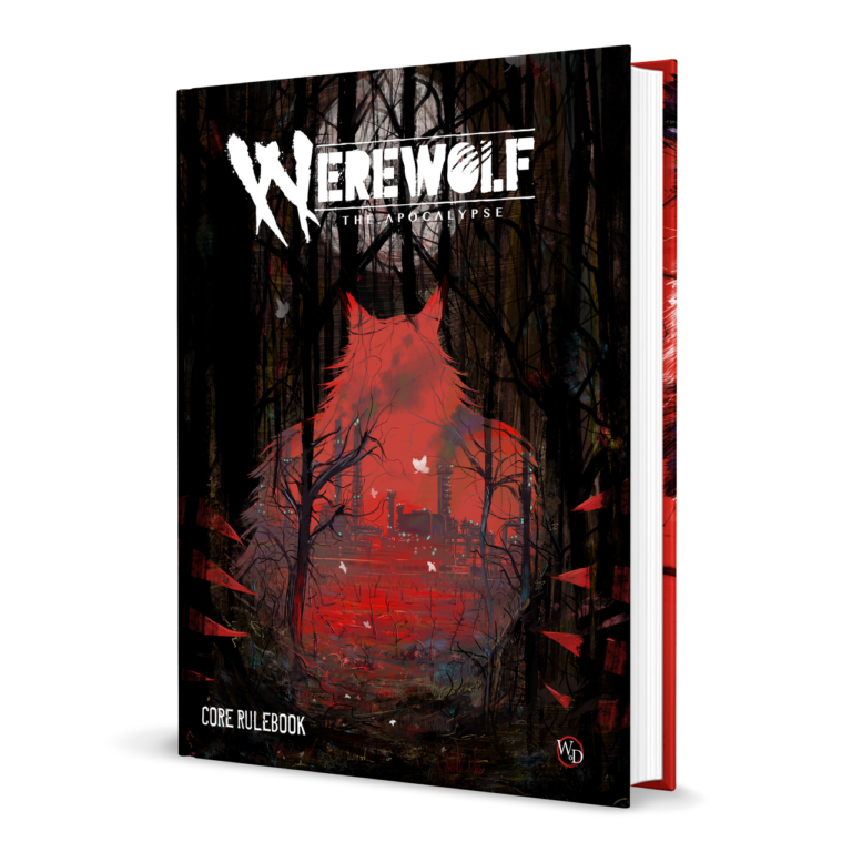 Cover of the "Werewolf: The Apocalypse" 5th Edition core rulebook. The dark, eerie forest scene features a silhouette of a werewolf's head with glowing red eyes, and moonlit clouds in the background. The title is boldly displayed at the top.