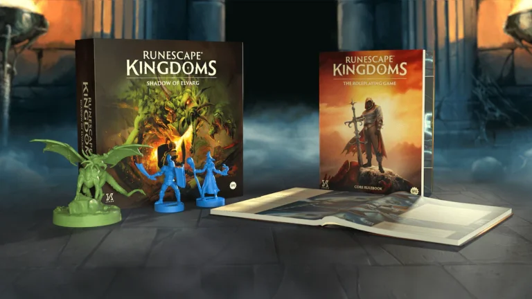 A captivating display showcases the "RuneScape Kingdoms" Shadow of Elvarg board game with vibrant cover art, two blue character miniatures, and a green dragon miniature. The companion RPG book lies open on a stone surface, inviting all adventurers into its immersive world.