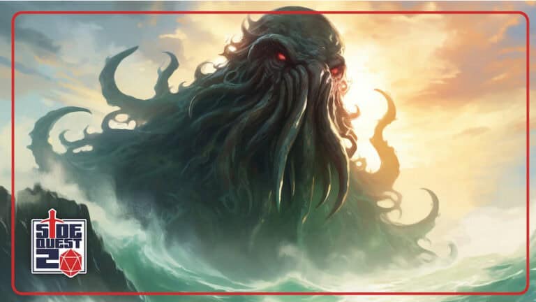 A large, Lovecraftian sea creature with tentacles and glowing red eyes emerges from ocean waves against a dramatic sky. The image features the SideQuest logo in the bottom left corner, adding an eldritch touch to this captivating scene.
