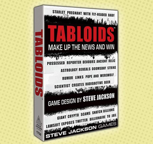 Box cover of the "Tabloids" card game by Steve Jackson Games. The sensational design includes headlines like "Possessed Reporter Devours Ancient Relic" and "Scientist Creates Radioactive Beer," reminiscent of a Kickstarter campaign's vibrant energy, set against a black, white, and red backdrop.
