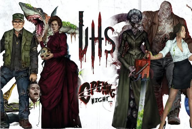 Illustration of six characters from "Very Horror Stories" on Kickstarter. From left: a hunter, a creature with a shark head, a woman in red dress, zombie-like figure, giant mutant, and businesswoman wielding a chainsaw. The VHS-style text reads: "VHS Opening Night...