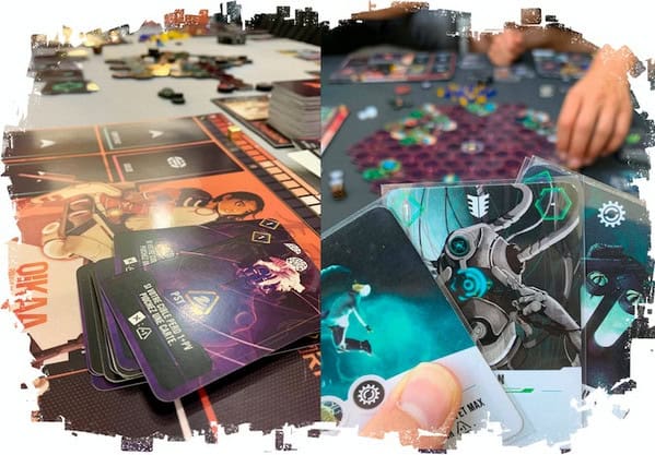 Two close-up views of tabletop games. Left: Cards and game pieces on a board with a character illustration, perfect for deckbuilding enthusiasts. Right: Hand holding two cards featuring a futuristic design, evoking a battle royale vibe, with other game pieces scattered on a hexagonal board.