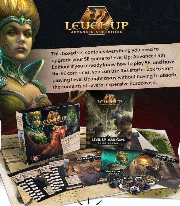 The image displays an open Starter Box of "Level Up: Advanced 5th Edition," complete with a rulebook, character sheets, cards, and tokens. It's ideal for newcomers to 5E gameplay, featuring vivid fantasy artwork that immerses players in the adventure.