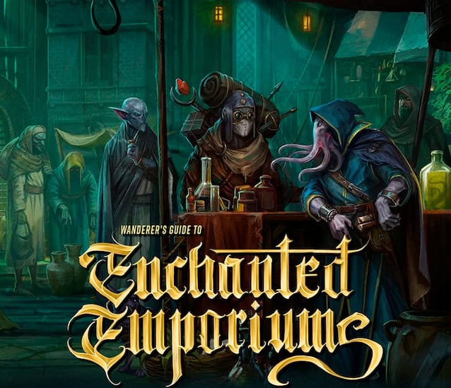 The enchanting book cover, "Wanderer's Guide to Enchanted Emporiums," showcases a market scene where mysterious, cloaked figures gather around booths brimming with 5E magical items and potions. The dimly lit, eerie street adds an air of mystery akin to discovering a hidden Kickstarter campaign.