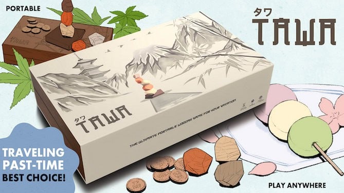 Box design for the travel game "Tawa," featuring an illustration of a tower with portable wooden art pieces, a mountain landscape, and Japanese characters. Accompanying elements include game tokens and a pastel-colored dango dessert. Text highlights portability.