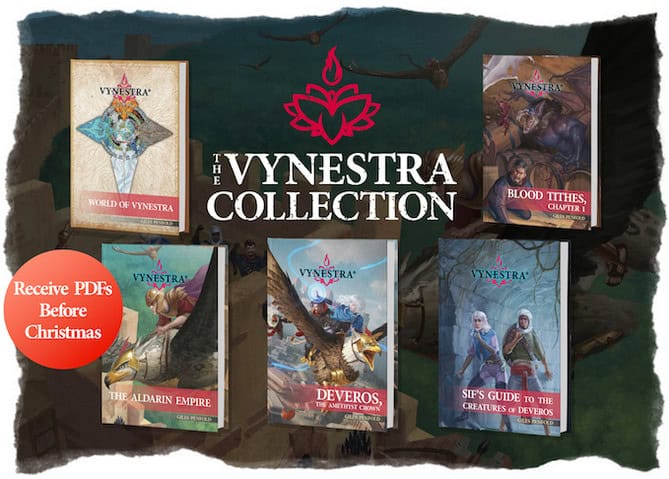 A promotional image for The Vynestra Collection showcases five fantasy book covers, each teeming with adventure-themed illustrations inspired by Ancient Rome. Text invites you to back our Kickstarter Campaign and receive PDFs before Christmas.