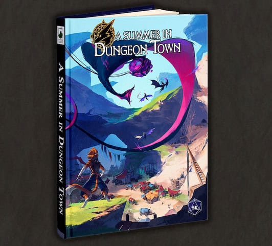 A colorful book cover titled "A Summer in Dungeon Town" features fantasy artwork with a warrior, flying creatures, and a mountainous landscape. The scene captures the essence of Dungeon Town, complete with a Modular Delver Wagon traversing the terrain. The spine displays the title and a 5E emblem.