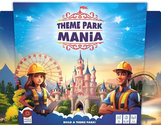An illustration of a theme park with a castle, ferris wheel, and roller coaster. Two animated characters, a woman and a man, wearing construction helmets and vests, stand in the foreground. Text reads "Theme Park Mania," brought to life by Meeple Master on Kickstarter.