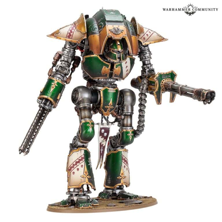 A detailed model of a Warhammer mech, featuring a green and bronze color scheme with ornate patterns reminiscent of ancient knights. It boasts large, armored limbs, a cannon-like weapon on its right arm, and a drill-like tool on the left. The mech stands proudly on a textured base.
