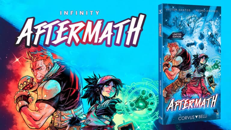 Comic book cover titled "Infinity: Aftermath." Set within the expansive Infinity Universe, it features a red-haired man wielding a weapon and a woman with cropped hair. The background displays futuristic elements and combat imagery. Limited Edition text is prominently visible.